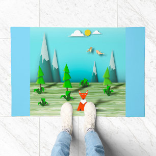 Origami Forest Scene with Fox Mountains and Birds Doormat