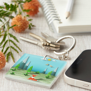 Origami Forest Scene with Fox Mountains and Birds Keychain