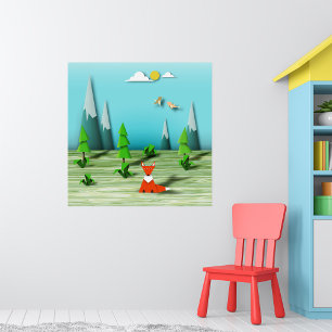 Origami Forest Scene with Fox Mountains and Birds Poster