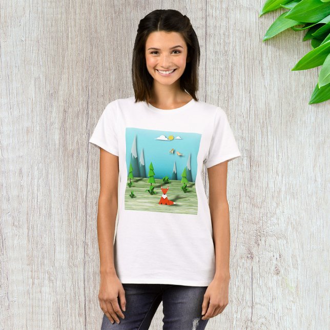 Origami Forest Scene with Fox Mountains and Birds  T-Shirt (Creator Uploaded)