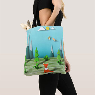 Origami Forest Scene with Fox Mountains and Birds Tote Bag