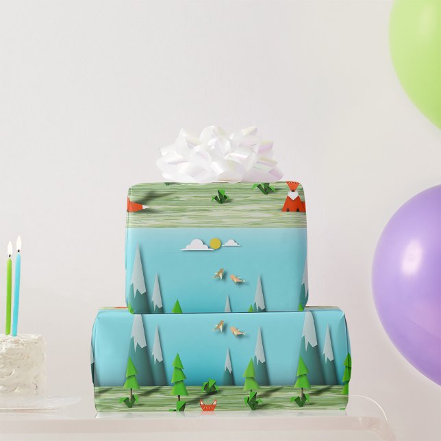 Origami Forest Scene with Fox Mountains and Birds  Wrapping Paper (Creator Uploaded)