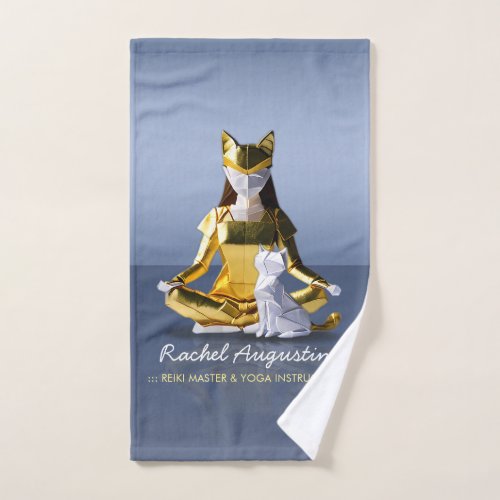 Origami Gold Foil Yoga Meditating Catwoman and Cat Bath Towel Set