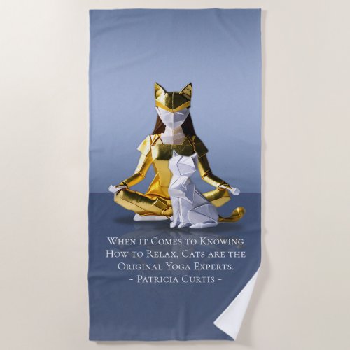 Origami Gold Foil Yoga Meditating Catwoman and Cat Beach Towel