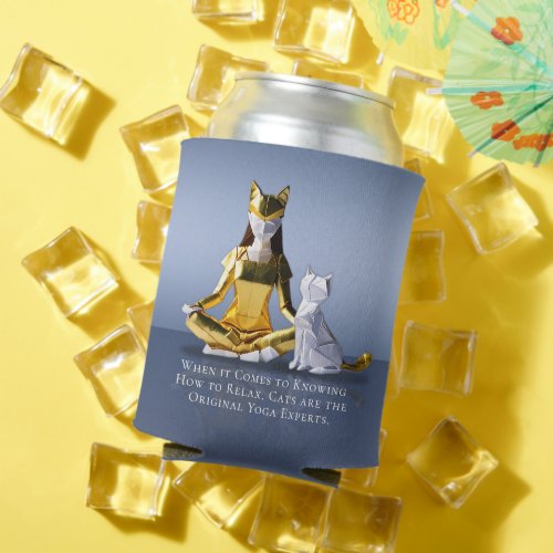 Origami Gold Foil Yoga Meditating Catwoman and Cat Can Cooler
