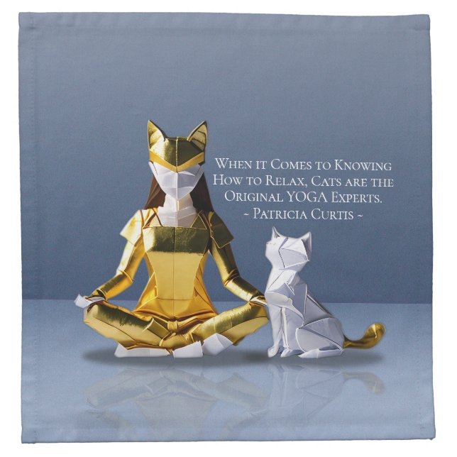 Origami Gold Foil Yoga Meditating Catwoman and Cat Cloth Napkin (Front)