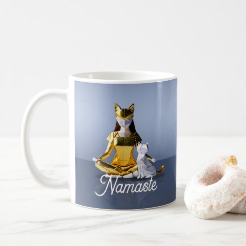 Origami Gold Foil Yoga Meditating Catwoman and Cat Coffee Mug