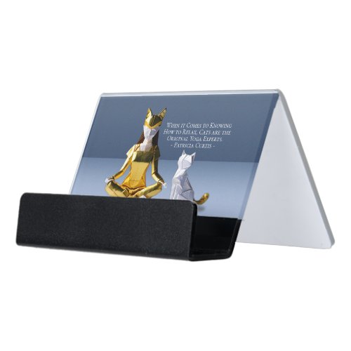 Origami Gold Foil Yoga Meditating Catwoman and Cat Desk Business Card Holder