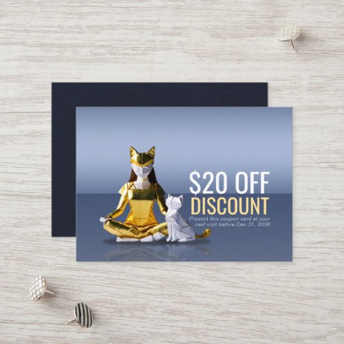 Origami Gold Foil Yoga Meditating Catwoman and Cat Discount Card