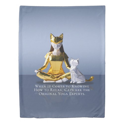 Origami Gold Foil Yoga Meditating Catwoman and Cat Duvet Cover