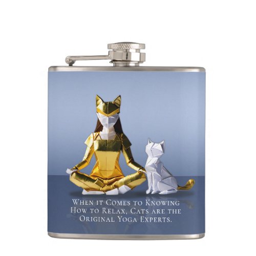 Origami Gold Foil Yoga Meditating Catwoman and Cat Flask