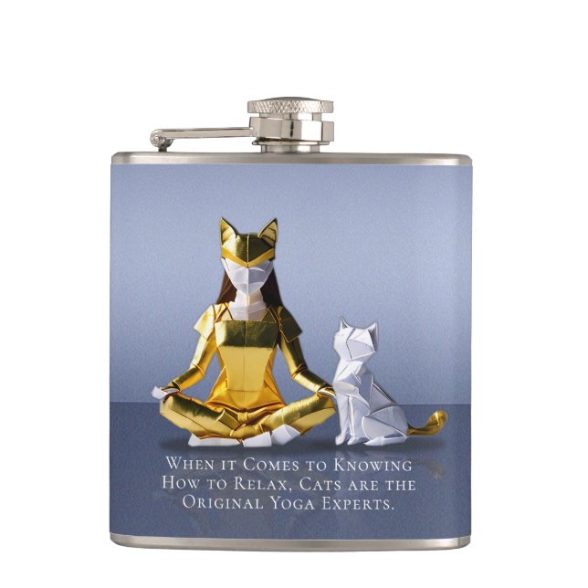Origami Gold Foil Yoga Meditating Catwoman and Cat Flask (Front)