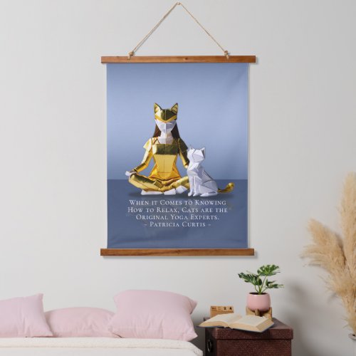 Origami Gold Foil Yoga Meditating Catwoman and Cat Hanging Tapestry