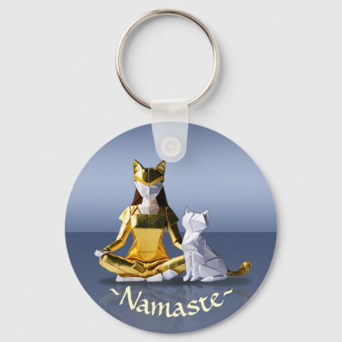 Origami Gold Foil Yoga Meditating Catwoman and Cat Keychain