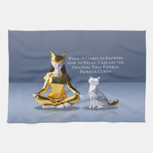 Origami Gold Foil Yoga Meditating Catwoman and Cat Kitchen Towel