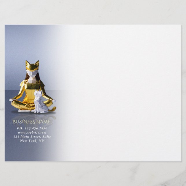 Origami Gold Foil Yoga Meditating Catwoman and Cat Letterhead (Front)