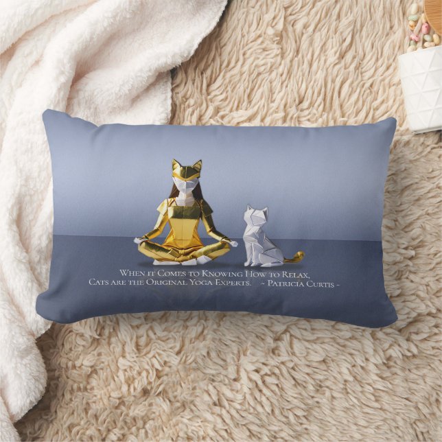 Origami Gold Foil Yoga Meditating Catwoman and Cat Lumbar Pillow (Blanket)