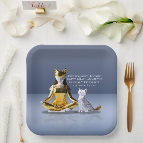 Origami Gold Foil Yoga Meditating Catwoman and Cat Paper Plates