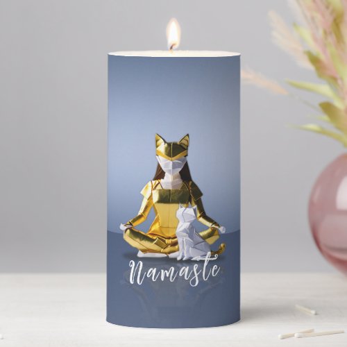 Origami Gold Foil Yoga Meditating Catwoman and Cat Pillar Candle
