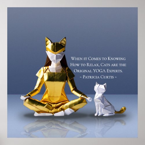 Origami Gold Foil Yoga Meditating Catwoman and Cat Poster