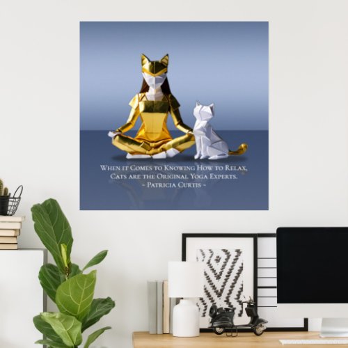 Origami Gold Foil Yoga Meditating Catwoman and Cat Poster