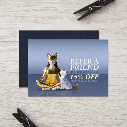 Origami Gold Foil Yoga Meditating Catwoman and Cat Referral Card