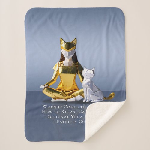 Origami Gold Foil Yoga Meditating Catwoman and Cat Sherpa Blanket