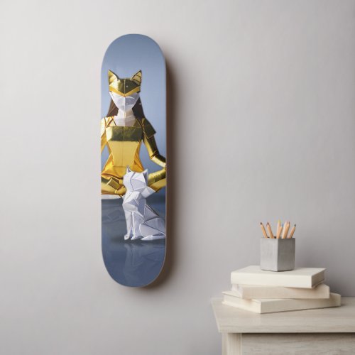 Origami Gold Foil Yoga Meditating Catwoman and Cat Skateboard