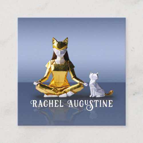 Origami Gold Foil Yoga Meditating Catwoman and Cat Square Business Card