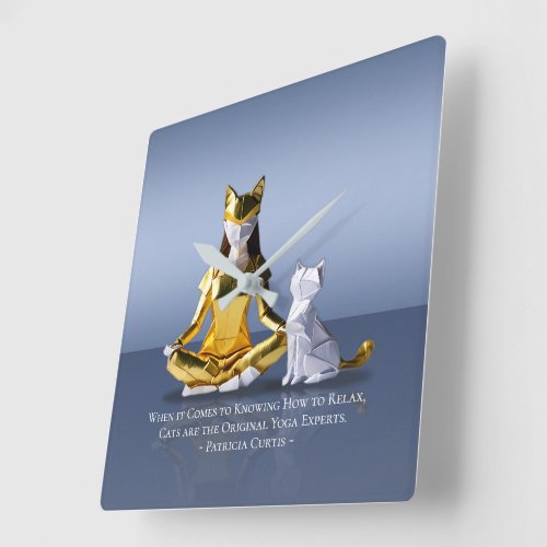 Origami Gold Foil Yoga Meditating Catwoman and Cat Square Wall Clock