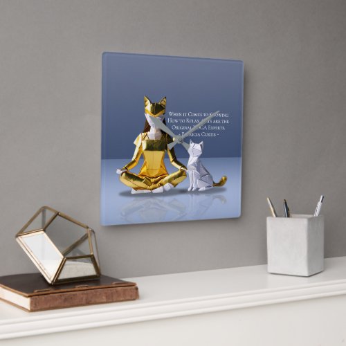 Origami Gold Foil Yoga Meditating Catwoman and Cat Square Wall Clock