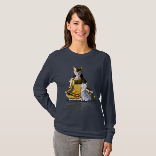 Origami Gold Foil Yoga Meditating Catwoman and Cat T_Shirt