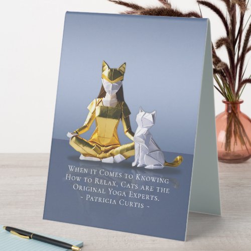 Origami Gold Foil Yoga Meditating Catwoman and Cat Table Tent Sign