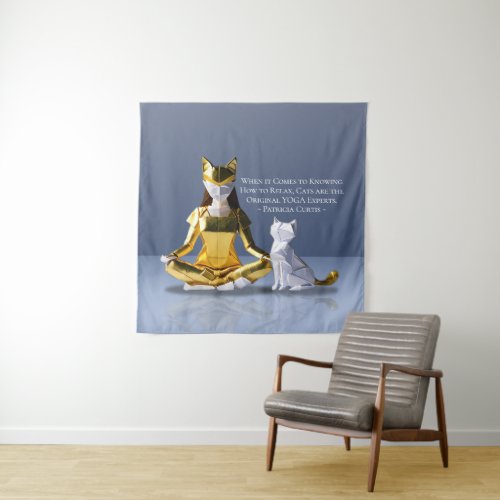 Origami Gold Foil Yoga Meditating Catwoman and Cat Tapestry