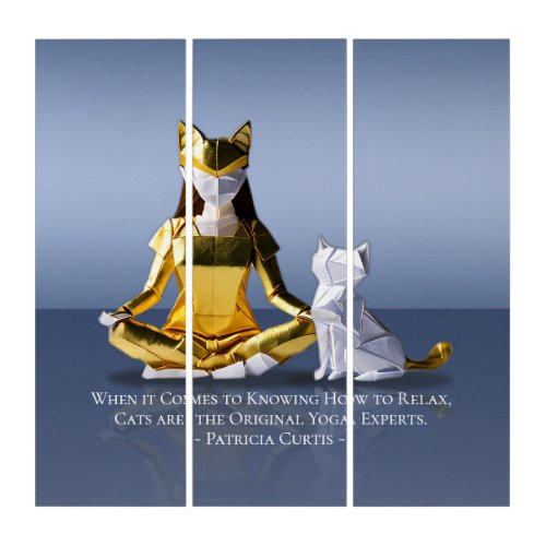 Origami Gold Foil Yoga Meditating Catwoman and Cat Triptych