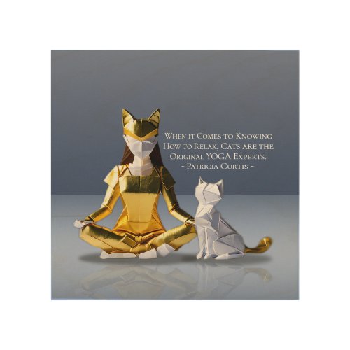 Origami Gold Foil Yoga Meditating Catwoman and Cat Wood Wall Art