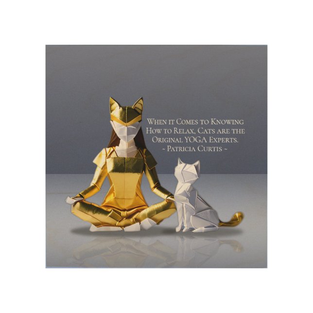 Origami Gold Foil Yoga Meditating Catwoman and Cat Wood Wall Art (Front)