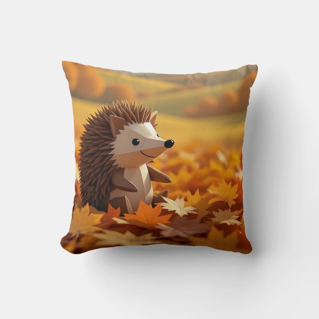 Origami Hedgehog Autumn Themed  Throw Pillow (Front)