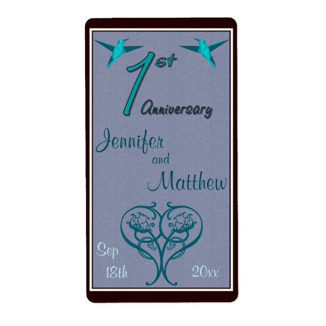 Origami Hummingbirds 1st Anniversary Wine Bottle Label (Front)