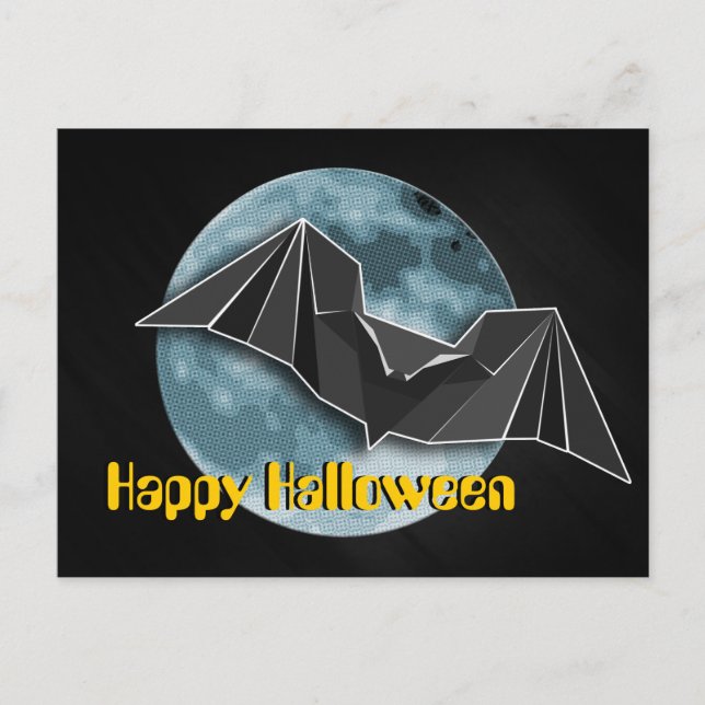 Origami Paper Bat with Full Blue/Yellow/Brown Moon Postcard (Front)