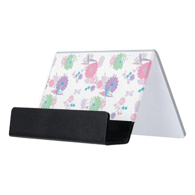 Origami Paper Cranes and Flowers Desk Business Card Holder (Angled Front)