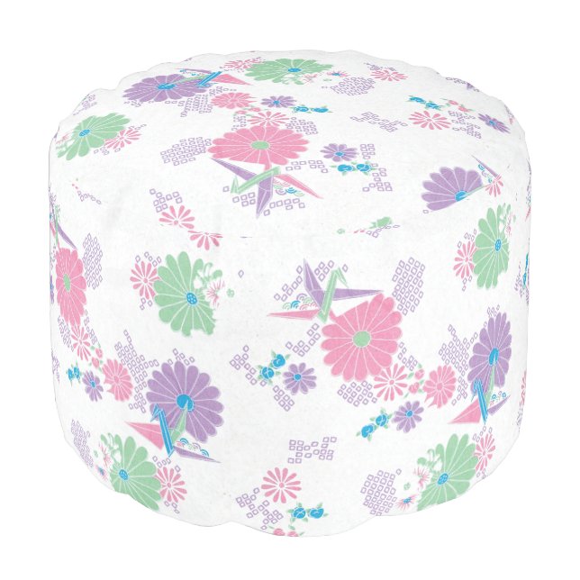 Origami Paper Cranes and Flowers Pouf (Angled Front)