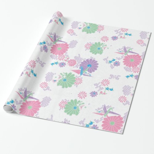 Origami Paper Cranes and Flowers Wrapping Paper
