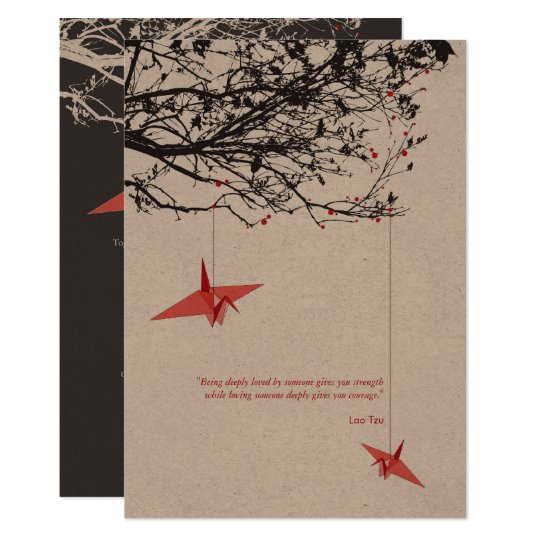 Origami Paper Cranes Hanging On Branches Wedding Invitation