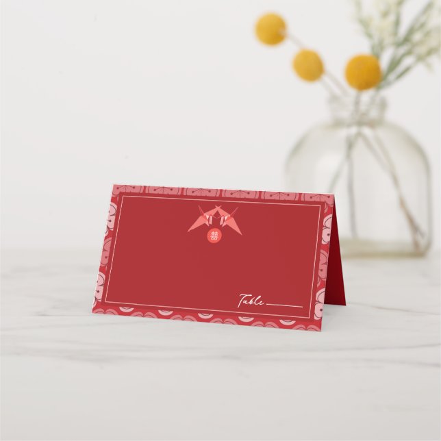 Origami Paper Cranes & Red Sakura Asian Wedding Place Card (Front)