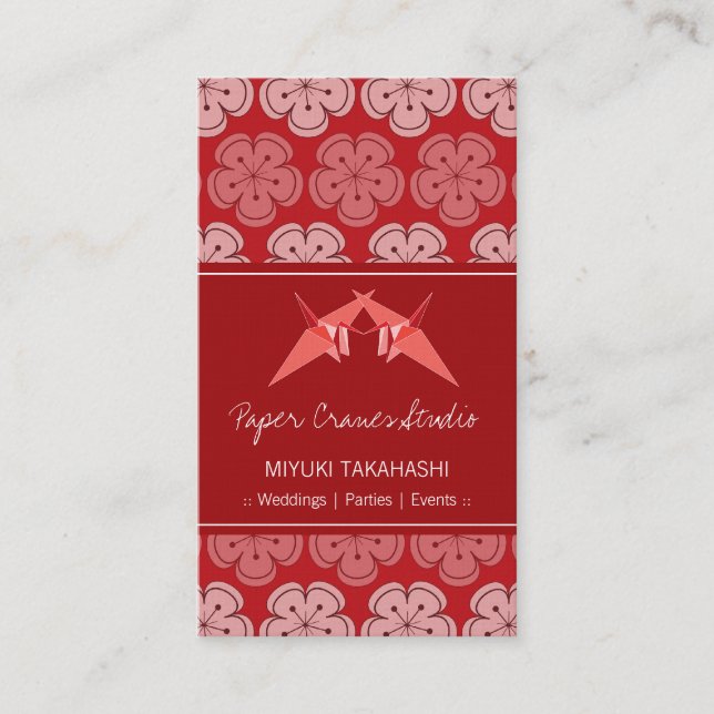Origami Paper Cranes & Red Sakura Cherry Blossoms Business Card (Front)