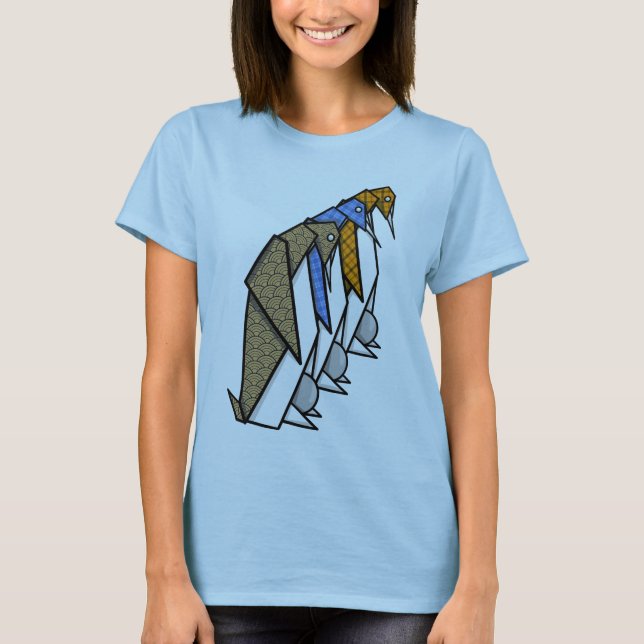 Origami Paper Folding Patterend Penguins T-Shirt (Front)