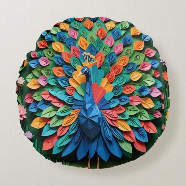 Origami Peacock  Round Pillow (Front)