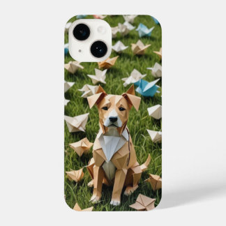 Origami puppy sitting in a flower field iPhone 14 case