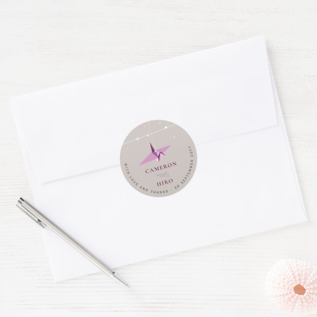 Origami Purple Paper Crane Lights Asian Wedding Classic Round Sticker (Envelope)